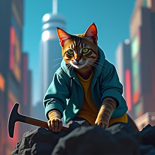  in a cyberpunk cityscape, hemule, the rebellious tabby cat with green eyes, hacks at a stone mountain with a chisel. immaculate style meets edgy vibe in this hyper realistic, cinematic scene. vibrant colors, dramatic lighting, and detailed textures amplify the tension and charisma. hyperrealistic, full body, detailed clothing, highly detailed, cinematic lighting, stunningly beautiful, intricate, sharp focus, f/1. 8, 85mm, (centered image composition), (professionally color graded), ((bright soft diffused light)), volumetric fog, trending on instagram, trending on tumblr, HDR 4K, 8K