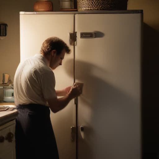 A photo of a skilled technician repairing a vintage refrigerator in a dimly lit retro-inspired kitchen during early evening, with a warm glow cast by a single overhead incandescent light bulb, creating dramatic shadows and highlighting the intricate details of the appliance's machinery.