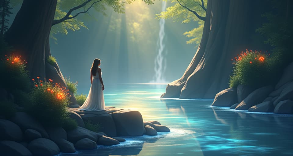  an ethereal being standing at the edge of a shimmering mystical river, surrounded by glowing flora. the atmosphere is serene, reflecting a new phase of spiritual maturity and calmness.. the style is digital art illustration,highly detailed, whimsical,magical, dreamlike atmosphere, realism and fantasy blend, smooth, glossy textures,luminous quality, wonder and enchantment.