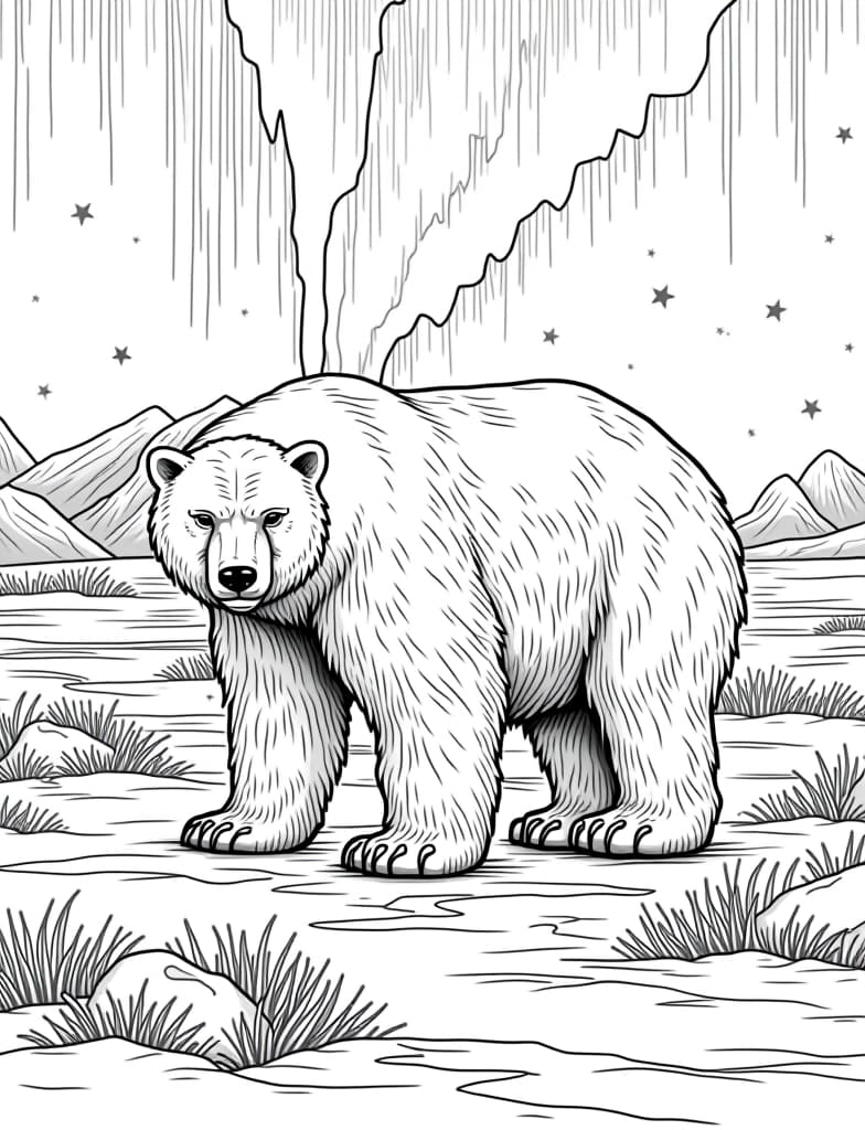  this is for an adult coloring page. a detailed black and white line art of a snowy polar bear walking across a snowy landscape under the northern lights on a solid white background.