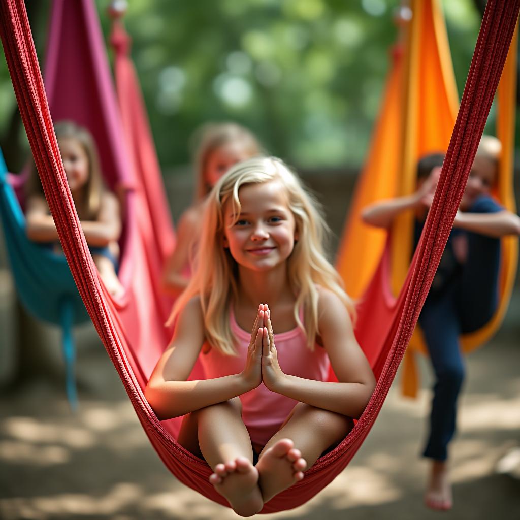  a blonde girl is doing yoga in a hammock, and around her are children also in hammocks.