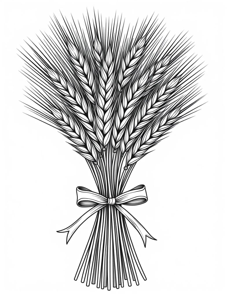  a detailed close up of a bundle of wheat tied with a ribbon, black and white line art on a white background, for an adult coloring page.