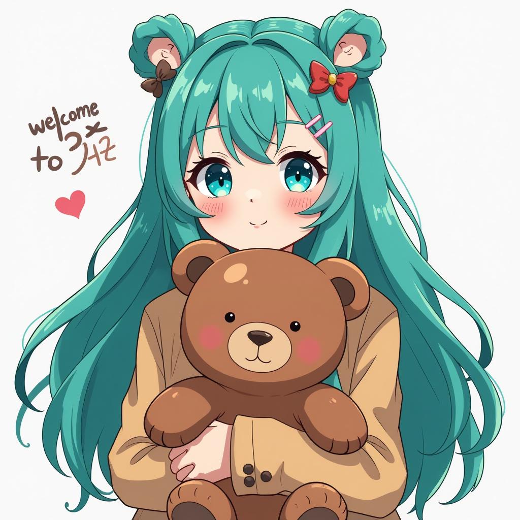  the girl with blue eyes, long turquoise hair holds a bear in her arms, the inscription welcome to 242