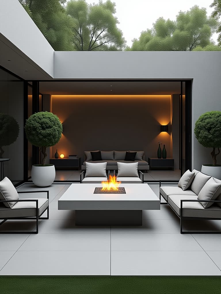  high quality portrait photo of a modern minimalist patio featuring clean lines, a monochrome color scheme, sleek furniture, and a geometric fire pit, surrounded by carefully manicured topiary plants hyperrealistic, full body, detailed clothing, highly detailed, cinematic lighting, stunningly beautiful, intricate, sharp focus, f/1. 8, 85mm, (centered image composition), (professionally color graded), ((bright soft diffused light)), volumetric fog, trending on instagram, trending on tumblr, HDR 4K, 8K