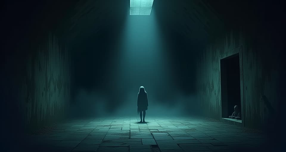  a dark, eerie chamber, silence filled with tension. a faint, mocking laugh echoes through the darkened room, a sound that seems to reverberate from an otherworldly source.. the style is digital art illustration,highly detailed, whimsical,magical, dreamlike atmosphere, realism and fantasy blend, smooth, glossy textures,luminous quality, wonder and enchantment.