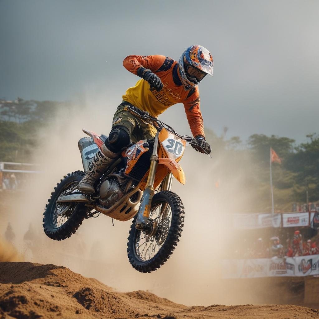 An action-packed image of motocross riders soaring through the air over challenging obstacles at the Arena Cross 2024 opening event in Caraguatatuba. The arena is filled with cheering fans, colorful banners, and a backdrop of the beautiful Brazilian coastline.ultra-detailed, 4k hyperrealistic, full body, detailed clothing, highly detailed, cinematic lighting, stunningly beautiful, intricate, sharp focus, f/1. 8, 85mm, (centered image composition), (professionally color graded), ((bright soft diffused light)), volumetric fog, trending on instagram, trending on tumblr, HDR 4K, 8K