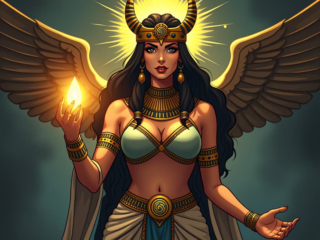  egyptian priestess, large busted and radiant, holding a glowing amulet, powerful and accepting. the style is digital art illustration / modern comic book / mysterious occult, symbolic, esoteric vibe,high detail on character design, incorporating ancient egyptian symbology and attire.