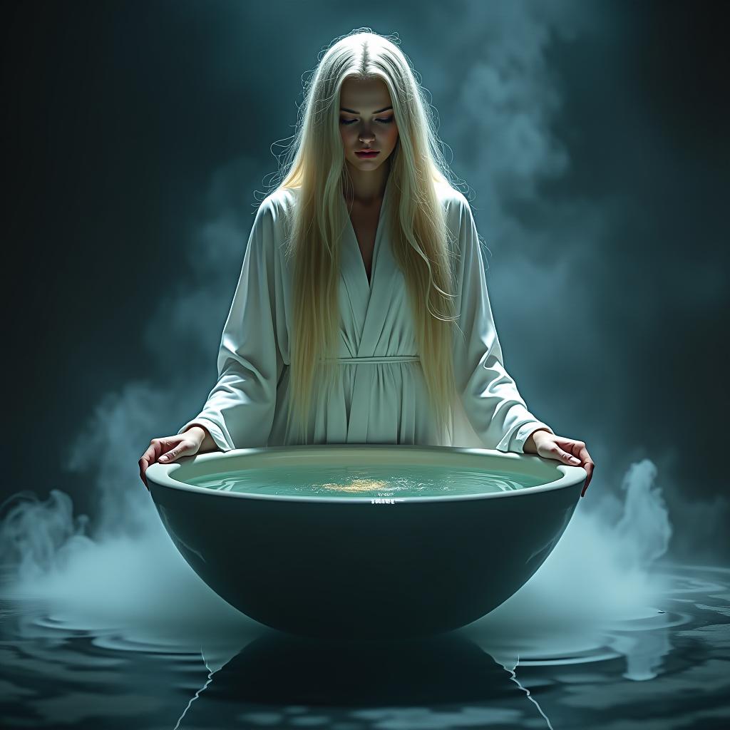  hyper realistic cinematic depiction. "a beautiful sorceress with long blonde hair stands before a mystical water basin. her ethereal, white robed figure is reflected in the water. dark mist swirls around her feet, with soft light glowing from the basin. her expression is serene yet intense, blending beauty and power with dark, haunting undertones.