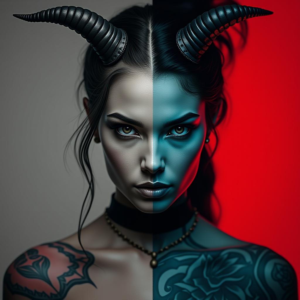  a portrait of a woman with horns, split into two contrasting halves. one side is grayscale with intricate tattoos and a serious expression, while the other side is in vivid colors with a more intense and fierce look. the background is divided into gray and red, enhancing the contrast between the two halves. the overall style is edgy and artistic, blending elements of fantasy and modern tattoo art. hyperrealistic, full body, detailed clothing, highly detailed, cinematic lighting, stunningly beautiful, intricate, sharp focus, f/1. 8, 85mm, (centered image composition), (professionally color graded), ((bright soft diffused light)), volumetric fog, trending on instagram, trending on tumblr, HDR 4K, 8K