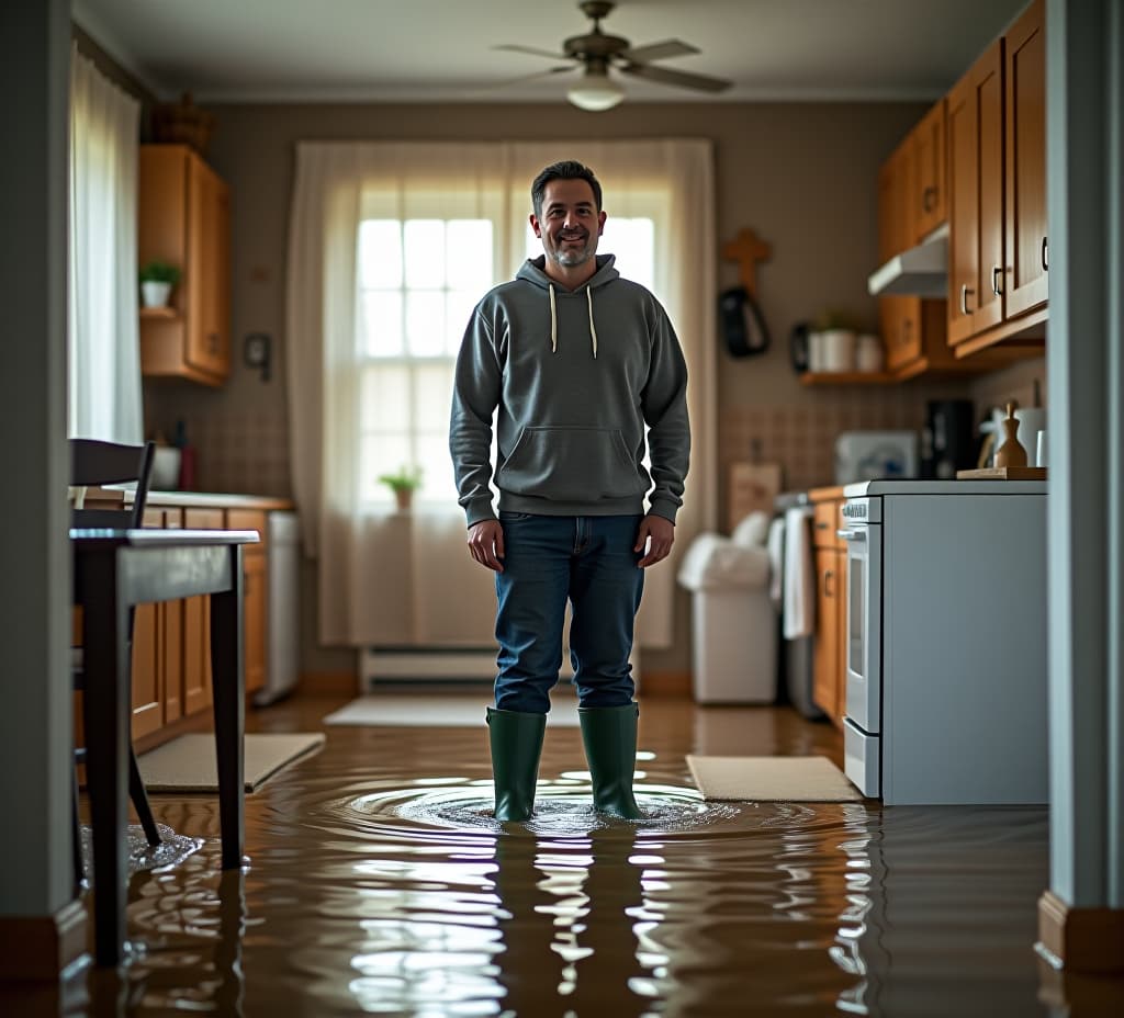  a man in rubber boots stands in a flooded house.