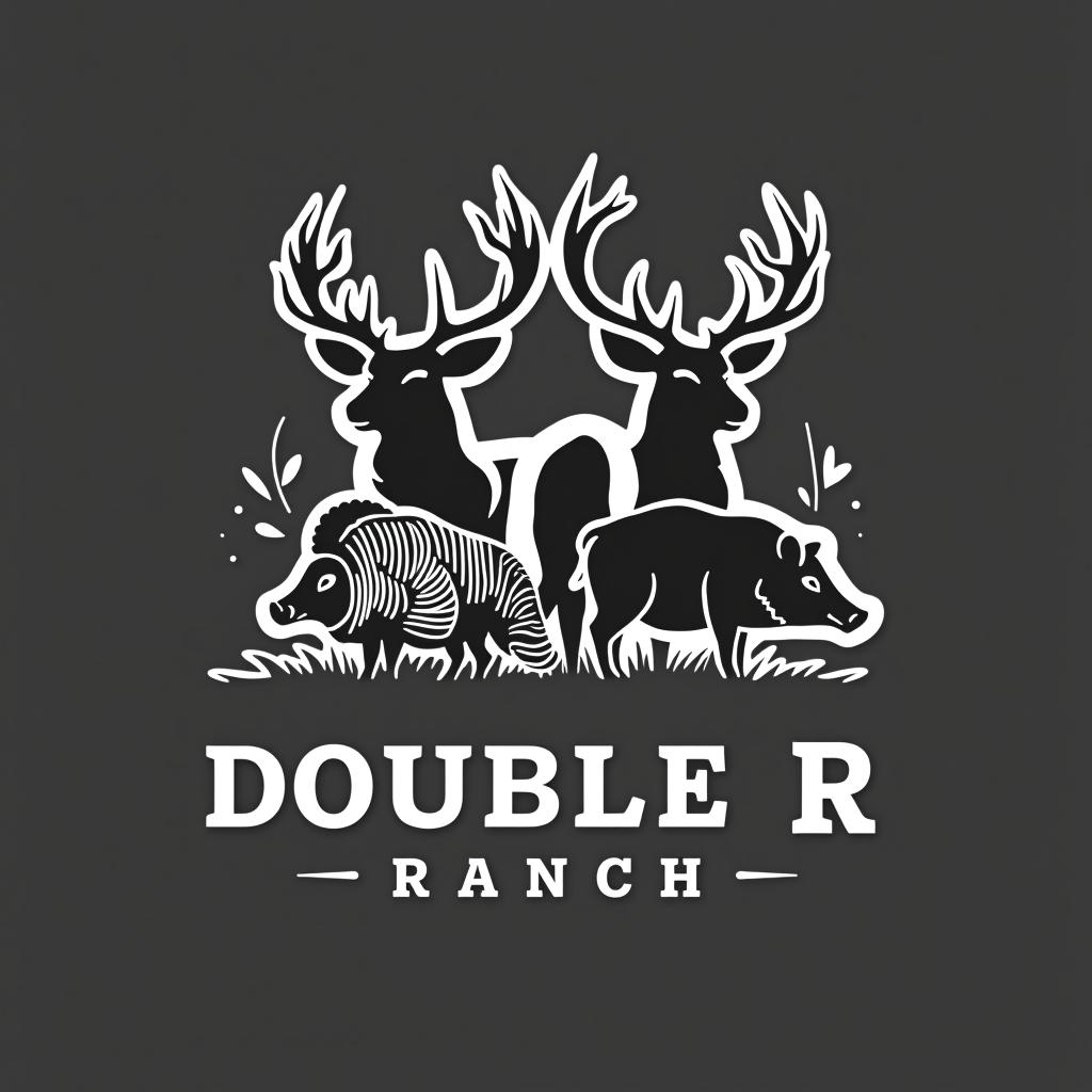  design a logo, sleek black and white logo design which incorporates a deer , a turkey and a wild hog, with 2 letter r’s facing back to back in the forefront. the text title is “double r ranch”