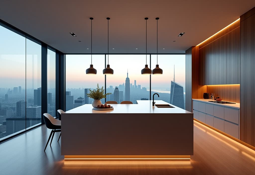  a landscape photo of a sleek, minimalist kitchen with clean lines, featuring a large island with a waterfall countertop, pendant lights, and floor to ceiling windows overlooking a cityscape hyperrealistic, full body, detailed clothing, highly detailed, cinematic lighting, stunningly beautiful, intricate, sharp focus, f/1. 8, 85mm, (centered image composition), (professionally color graded), ((bright soft diffused light)), volumetric fog, trending on instagram, trending on tumblr, HDR 4K, 8K