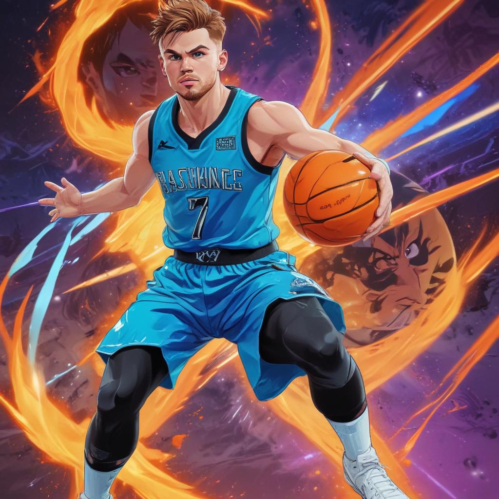 distance-shot, flashy, full-body, dynamic, holographic, animated cartoon poster of luka doncic in the style of dragon ball super