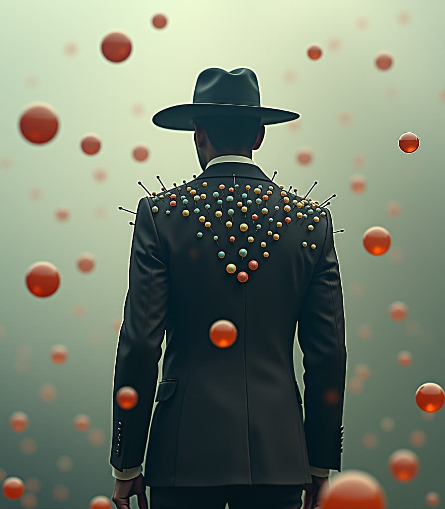  mysterious man dressed in a suit studded with pins with opal tops, wide brimmed hat studded with pins with agate tops, knitting needles sticking out of his back, standing amidst flying blood colored bubbles, double exposure style:1.5, in the style of paul klee, edward hopper, claude monet, cinematic lighting, desaturated color palette, extremely detailed, 10k high resolution, by henri matisse, georgia o'keeffe, vincent van gogh, impressionism, surrealism, contemporary art, trending on cg, trending on artstation hyperrealistic, full body, detailed clothing, highly detailed, cinematic lighting, stunningly beautiful, intricate, sharp focus, f/1. 8, 85mm, (centered image composition), (professionally color graded), ((bright soft diffused light)), volumetric fog, trending on instagram, trending on tumblr, HDR 4K, 8K