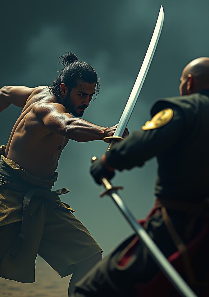  thiago fighting fiercely against the leader of the shadow tribe, both covered in sweat and determination, with swords clashing in the air. hyperrealistic, full body, detailed clothing, highly detailed, cinematic lighting, stunningly beautiful, intricate, sharp focus, f/1. 8, 85mm, (centered image composition), (professionally color graded), ((bright soft diffused light)), volumetric fog, trending on instagram, trending on tumblr, HDR 4K, 8K