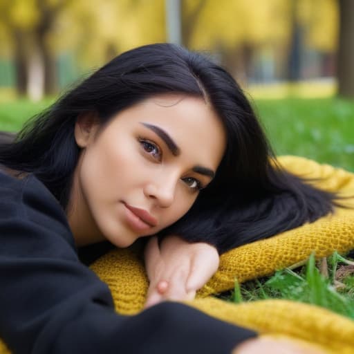 A old , straight black hair, of Ukrainian origin with big s.. Lying down, in a park