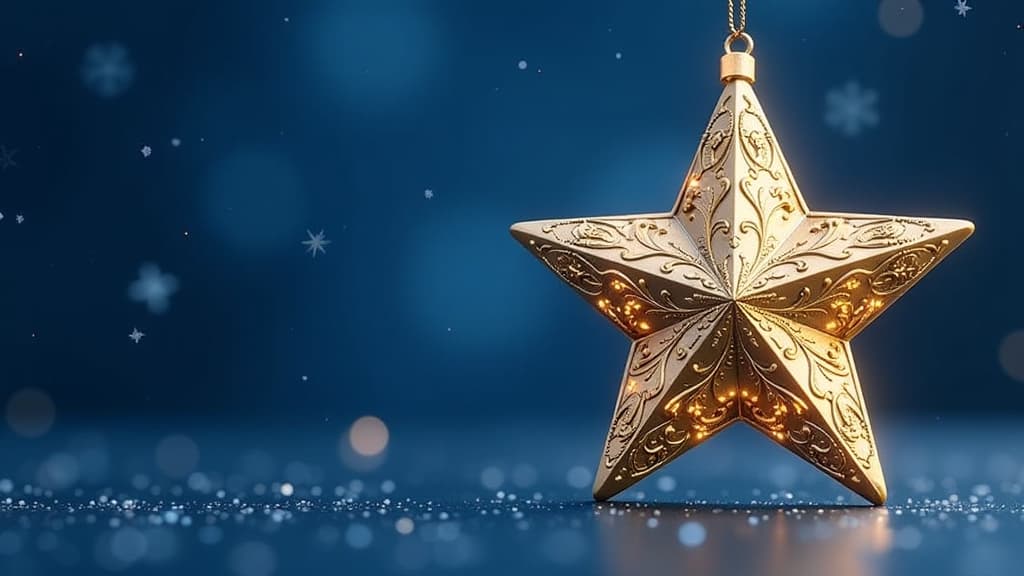  epic realistic, hyperdetailed, (cycles render:1.3), caustics, (glossy:0.58), (artstation:0.82),a large christmas star ornament in gold against a deep blue background with snowflakes. the left part is clear for text. ar 16:9