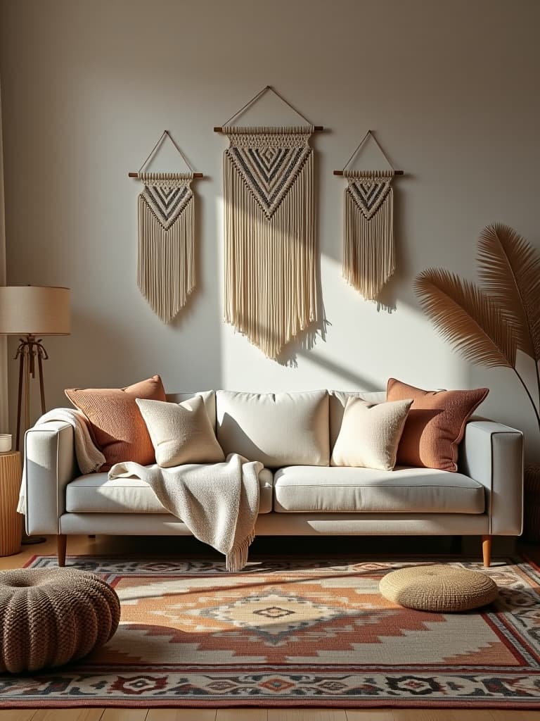  high quality portrait photo of a bohemian chic living room with a neutral color palette, featuring a low profile sofa, layered rugs, macramé wall hangings, and an assortment of textured throw pillows hyperrealistic, full body, detailed clothing, highly detailed, cinematic lighting, stunningly beautiful, intricate, sharp focus, f/1. 8, 85mm, (centered image composition), (professionally color graded), ((bright soft diffused light)), volumetric fog, trending on instagram, trending on tumblr, HDR 4K, 8K