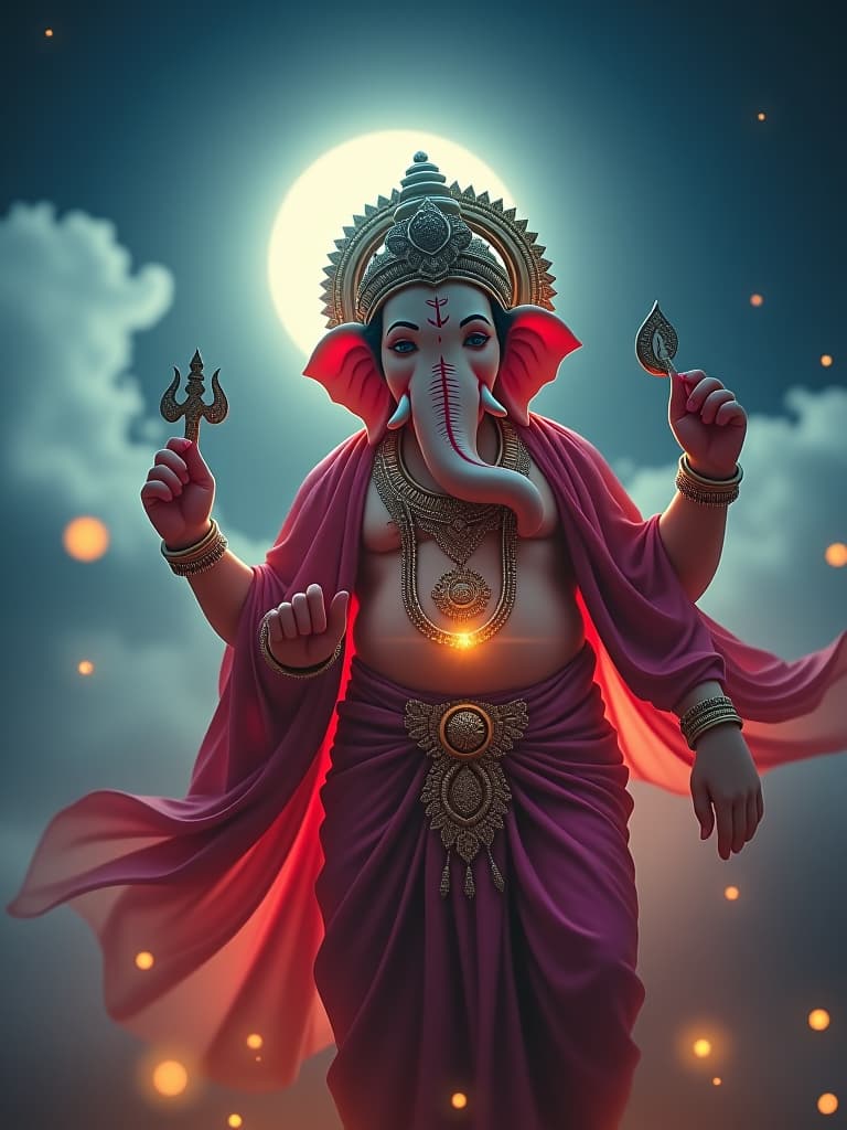  a portrait of a actual god ganesh ji (ganpati ji) with a luminous dress, mouth closed, wind, sky, clouds, the moon, moonlight, stars, universe, fireflies, lights, lens flares effects, swirly bokeh, brush effect, celestial, amazing, astonishing, wonderful, beautiful, highly detailed hyperrealistic, full body, detailed clothing, highly detailed, cinematic lighting, stunningly beautiful, intricate, sharp focus, f/1. 8, 85mm, (centered image composition), (professionally color graded), ((bright soft diffused light)), volumetric fog, trending on instagram, trending on tumblr, HDR 4K, 8K