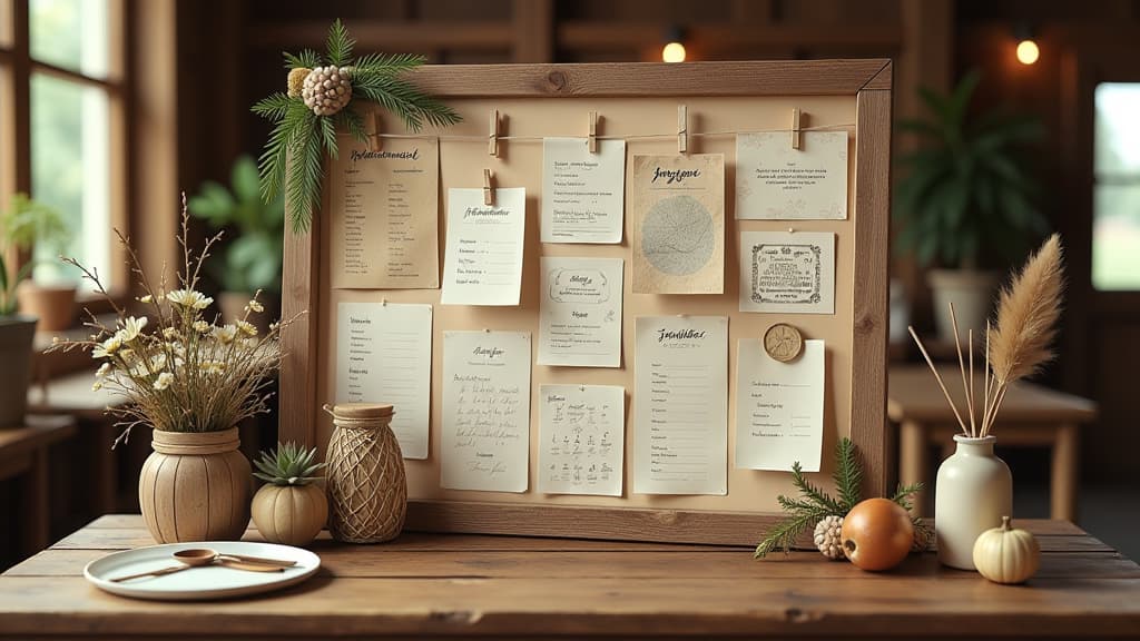  create an image with the following specifications: main subject: description: a rustic wedding planning board with various natural elements and diy decorations. style: realistic, warm, and inviting. setting: location: wooden table in a cozy barn or farmhouse interior. composition: framing: overhead view of the planning board, filling most of the frame. style: art movement: contemporary realism. technique: high detail photography. atmosphere: mood: romantic, nostalgic, and inspiring. color palette: dominant colors: warm browns, soft greens, muted whites. mood: earthy and natural. details: foreground: planning board with pinned fabric swatches, dried flowers, twine, and small diy decoration samples. background: blurred barn wood or rus hyperrealistic, full body, detailed clothing, highly detailed, cinematic lighting, stunningly beautiful, intricate, sharp focus, f/1. 8, 85mm, (centered image composition), (professionally color graded), ((bright soft diffused light)), volumetric fog, trending on instagram, trending on tumblr, HDR 4K, 8K