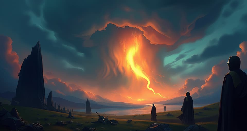  darkened sky, looming storm, fallen enemies, ethereal glow, consequences unfolding. the style is digital art illustration,highly detailed, whimsical,magical, dreamlike atmosphere, realism and fantasy blend, smooth, glossy textures,luminous quality, wonder and enchantment.