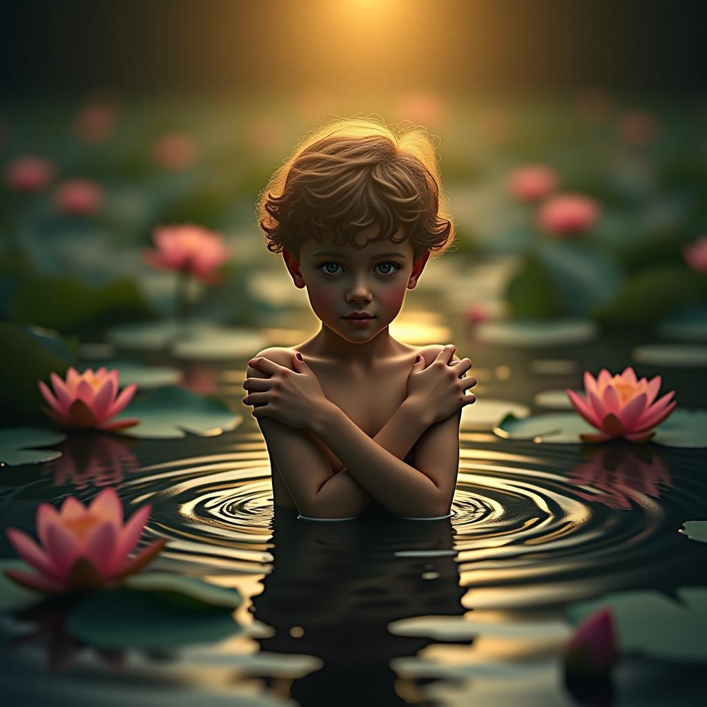  a captivating and mesmerizing image of a 2 old , in a serene, lotus filled lake. her short, curly hair is and she crosses her arms over her to disguise her modesty. the vint, dark fantasy setting is illuminated by a warm, golden light that casts a mystical glow over the water. surrounding it are beautiful water lilies and lotus flowers, adding to the enchanting ambience of the setting., photo