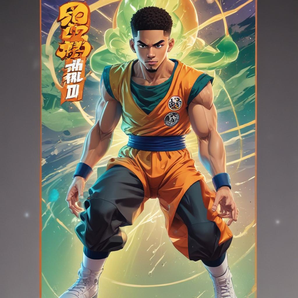 distance-shot, flashy, full-body, dynamic, holographic, animated cartoon poster of jayson tatum in the style of dragon ball super