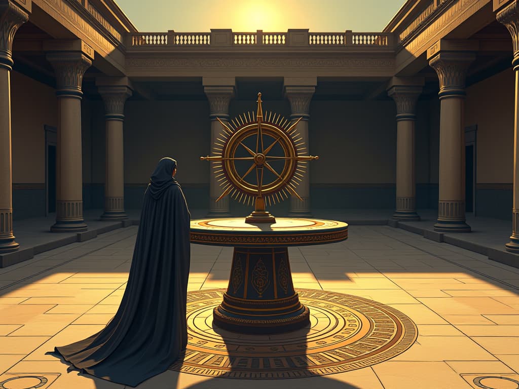  an ornate sundial in an empty courtyard, shadows long and deep in the evening light, symbolizing infrequent conversations. the style is digital art illustration / modern comic book / mysterious occult, symbolic, esoteric vibe,high detail on character design, incorporating ancient egyptian symbology and attire.