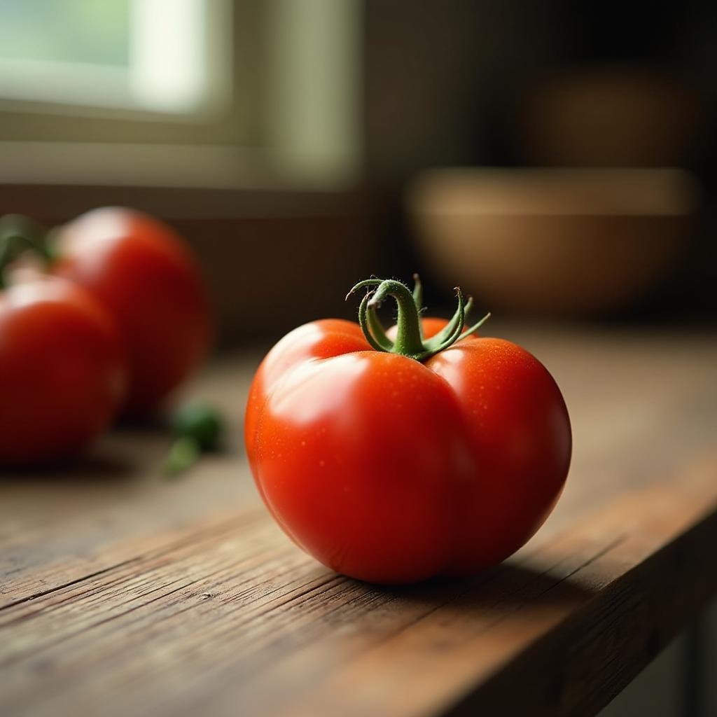  imagine a ripe tomato resting on a rustic wooden kitchen counter. the style is naturalistic with a focus on realism. the composition centers the tomato, highlighted by soft, natural light filtering through a nearby window. the color palette features a vibrant red (rgb: 255, 0, 0) for the tomato, complemented by the warm browns of the wood (rgb: 101, 67, 33) and a subtle green leaf accent (rgb: 0, 128, 0). the mood is serene and wholesome. the technical details include a shallow depth of field, with a focus on the tomato’s glossy texture, captured from a top down perspective.