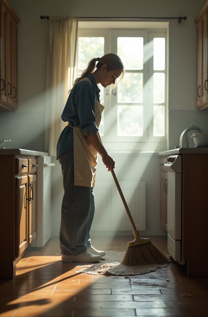  a cleaner cleaning home with a broom in hand hyperrealistic, full body, detailed clothing, highly detailed, cinematic lighting, stunningly beautiful, intricate, sharp focus, f/1. 8, 85mm, (centered image composition), (professionally color graded), ((bright soft diffused light)), volumetric fog, trending on instagram, trending on tumblr, HDR 4K, 8K