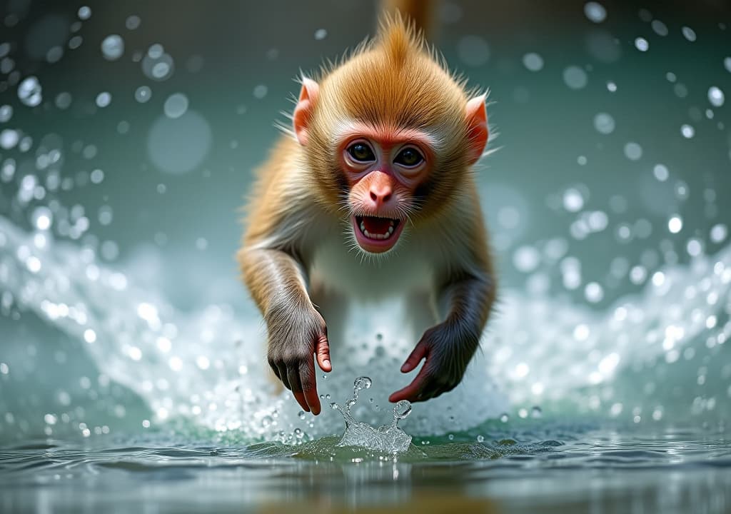  vigorous monkey runs through crystal clear water, splashing droplets everywhere, showcasing its agility and freedom in a dynamic, energetic, and thrilling wildlife action scene.