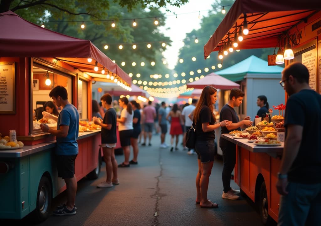  a vibrant scene from a toronto food festival, showcasing food vendors and attendees enjoying a variety of dishes, with colorful food trucks, festive decorations, and people sampling gourmet foods, all set against a lively atmosphere filled with music and laughter. hyperrealistic, full body, detailed clothing, highly detailed, cinematic lighting, stunningly beautiful, intricate, sharp focus, f/1. 8, 85mm, (centered image composition), (professionally color graded), ((bright soft diffused light)), volumetric fog, trending on instagram, trending on tumblr, HDR 4K, 8K