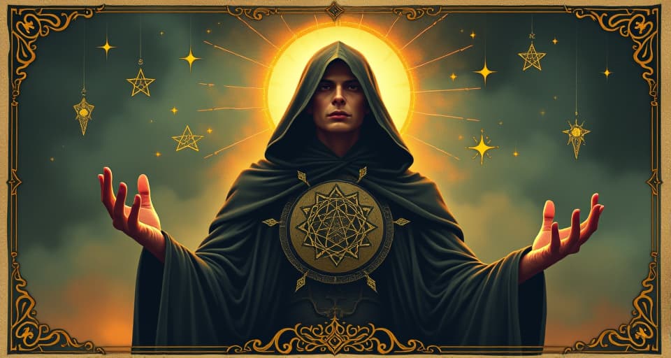  image of a figure surrounded by arcane symbols, elements glow around the figure, knowing expression, illuminated from behind, clarity, certainty. an illustration in the style of a worn, mystical old tarot trump card, mysterious and elements of surrealism. the colors are muted, somber and eerie, but with contrast bring out an occult and esoteric vibe.