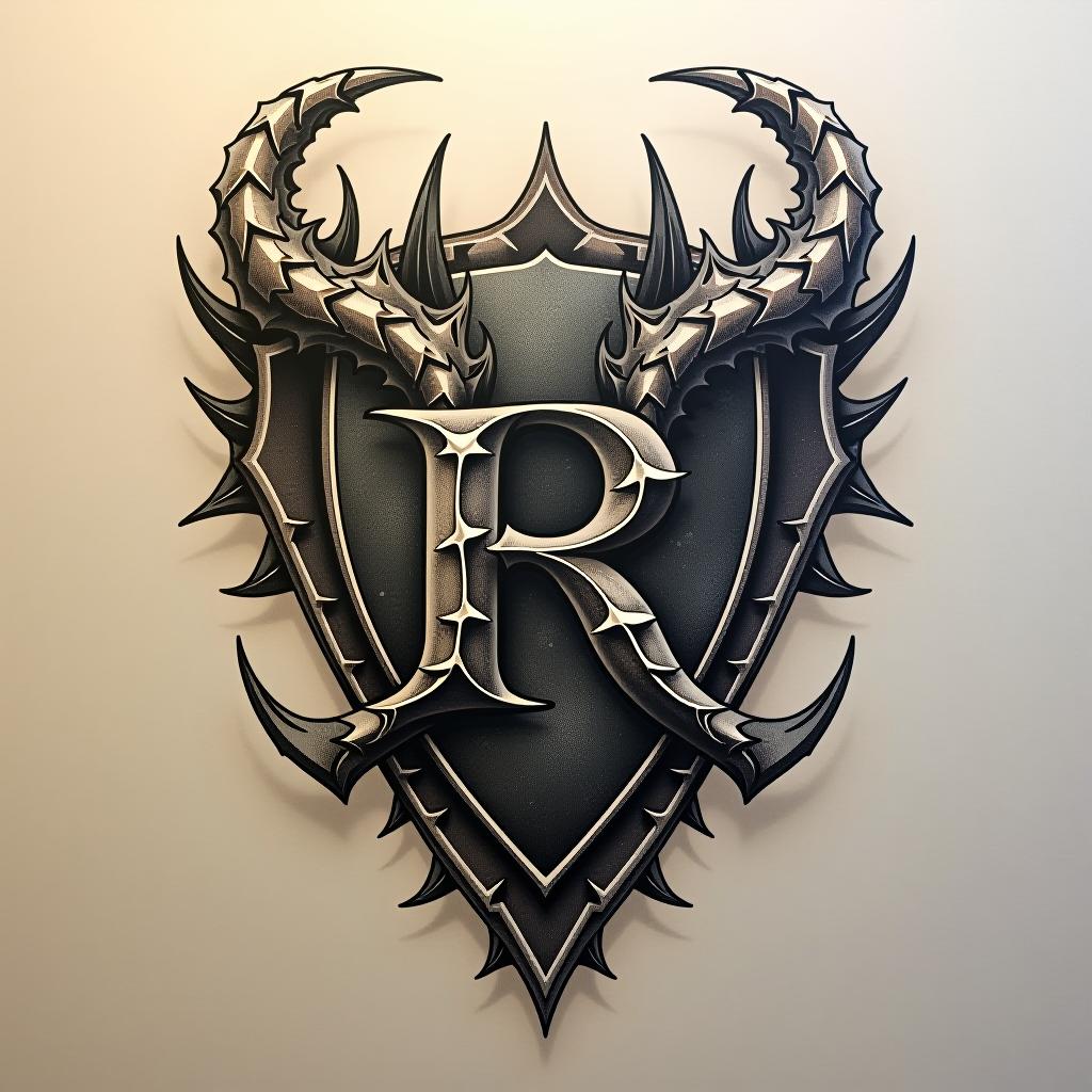  tattoo design where the letter r is thorny and also made out of a shield , high quality, high details, hd, perfect composition, 4k epic detailed, highly detailed, sharp focus, high resolution