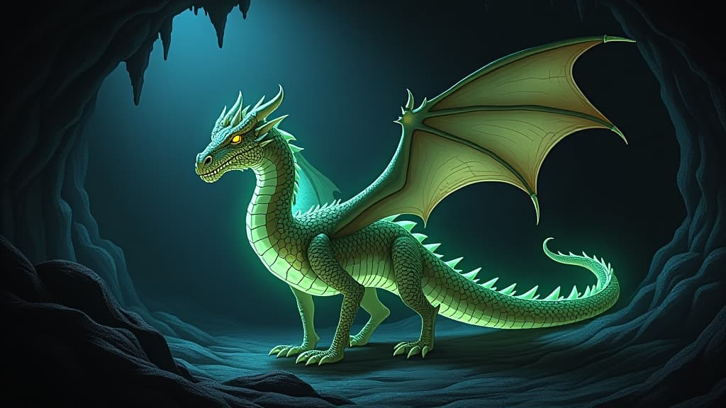  a dragon with bioluminescent scales, lighting up a dark cavern