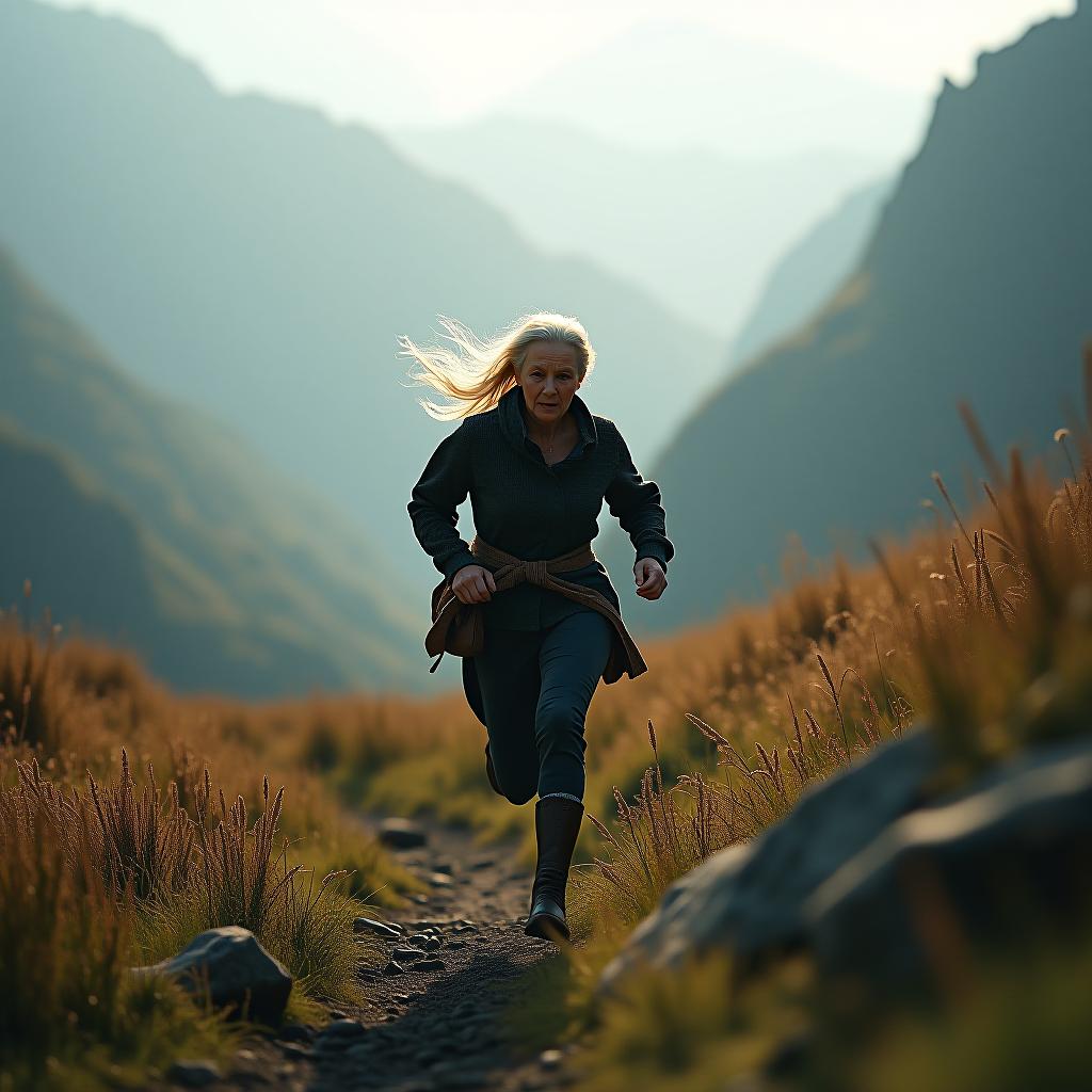  the old woman running in the mountain hyperrealistic, full body, detailed clothing, highly detailed, cinematic lighting, stunningly beautiful, intricate, sharp focus, f/1. 8, 85mm, (centered image composition), (professionally color graded), ((bright soft diffused light)), volumetric fog, trending on instagram, trending on tumblr, HDR 4K, 8K