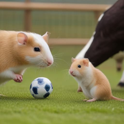 A soccergame between a team of hamsters and a team of cows