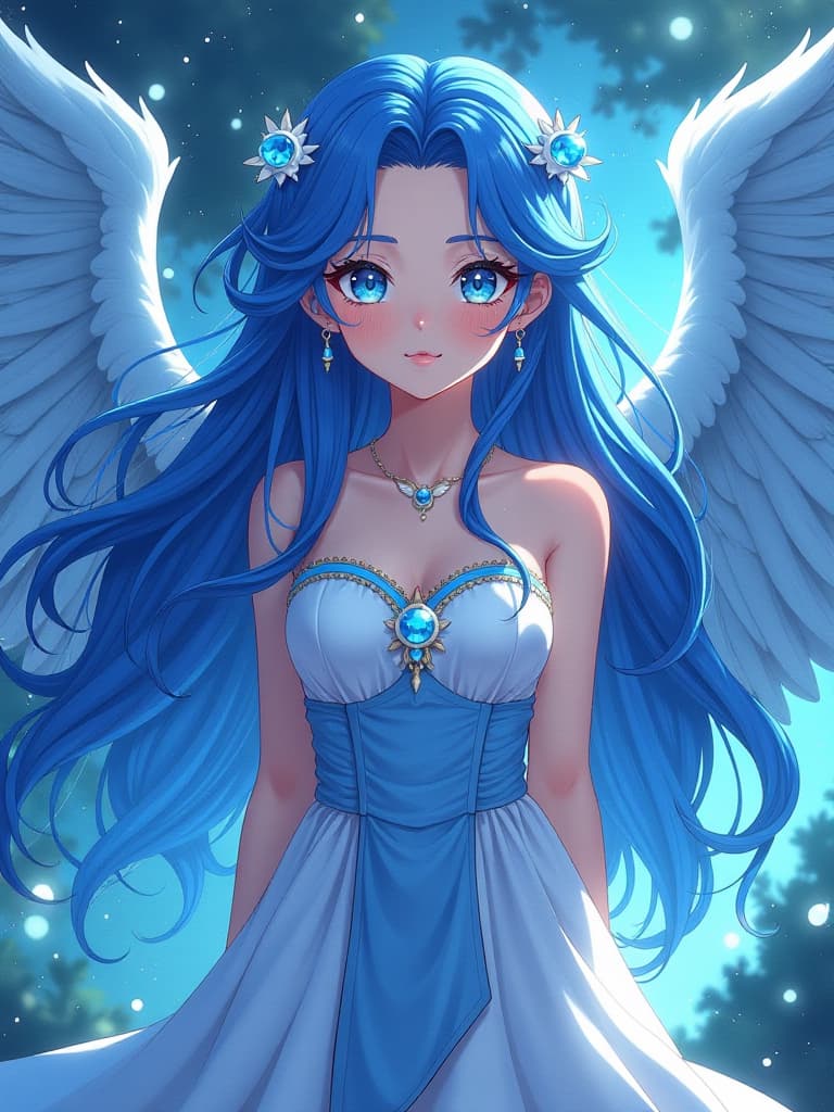  (angel ring:2.0)masterpiece,(neptune personification: 2.0)(beautiful girl: 1.7)(beautiful cobalt blue hair color: 2.0)(long hair: 1.7)((angel ring: 2.2))(blue and white dress: 1.7)(illustration style: 2.0)high resolution,8k,super analys