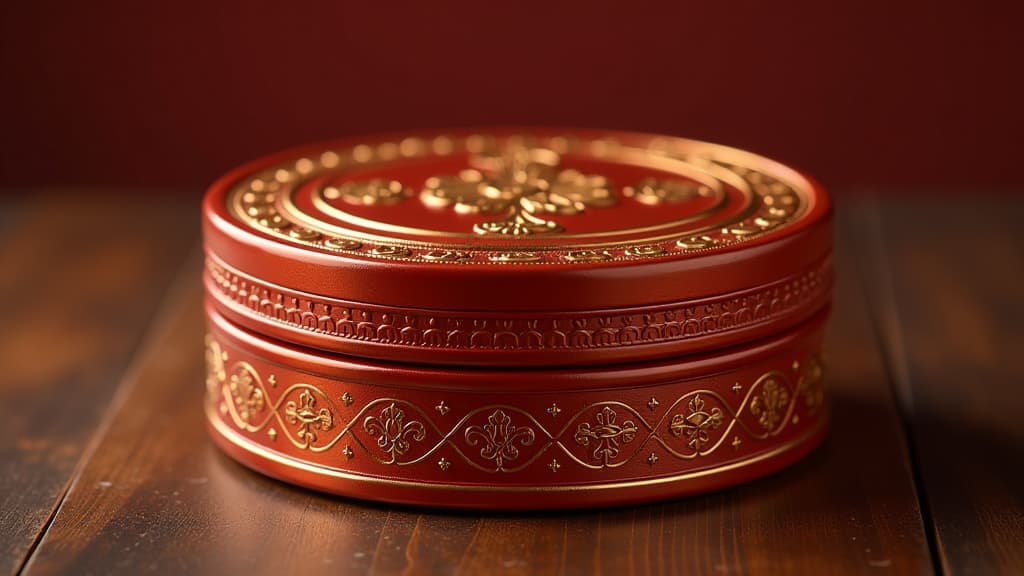  a round box in amber color, decorated with gold embossing, looks truly regal. such a gift will become a real decoration of the new year's interior. {prompt}, maximum details