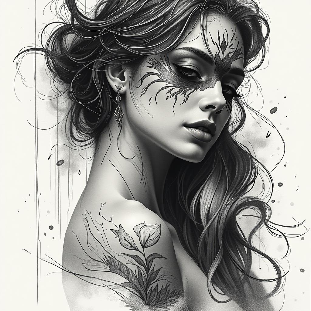  create a tattoo design of foto de mujer, in the style of blackwork which is featuring bold black lines and shading, often with a focus on abstract or surreal imagery, on a white background