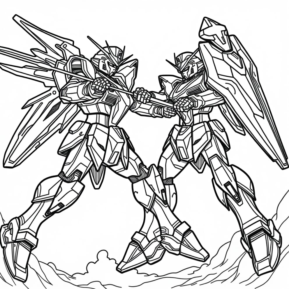  a coloring book page, white background, showing a dynamic scene of two gundams locked in fierce combat, one with a powerful beam saber, the other wielding a massive energy shield. detailed mechanical designs, intricate lines and curves, and clear outlines for easy coloring.