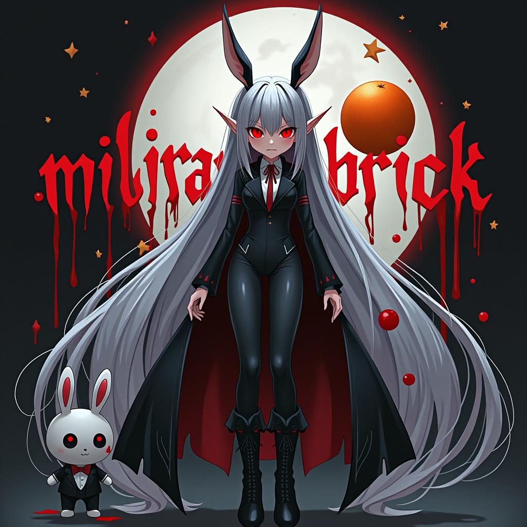  concept art anime fantasy magical world, vampire , white and silver hair, straight bangs, 2 strands of hair in front of the ears, 2 strands sticking out on the sides, very long hair, glowing blood black red eyes, short horizontal elven ears, black succubus suit, black boots on a high sole, bloody "miliraybrick" inscription on the background, behind the white plush bunny toy with bloody eyes in a tuxedo, a bloody night behind the moon, an orange in the air, an orange rot . digital artwork, ilrative, painterly, matte painting, highly detailed