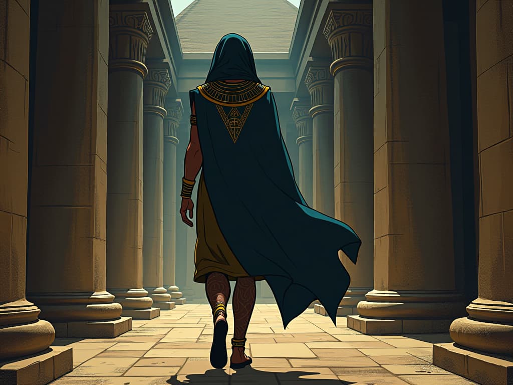  solitary walk along the ancient, silent corridors of a grand temple, symbolizing nightly reminders of your unique journey. the style is digital art illustration / modern comic book / mysterious occult, symbolic, esoteric vibe,high detail on character design, incorporating ancient egyptian symbology and attire.