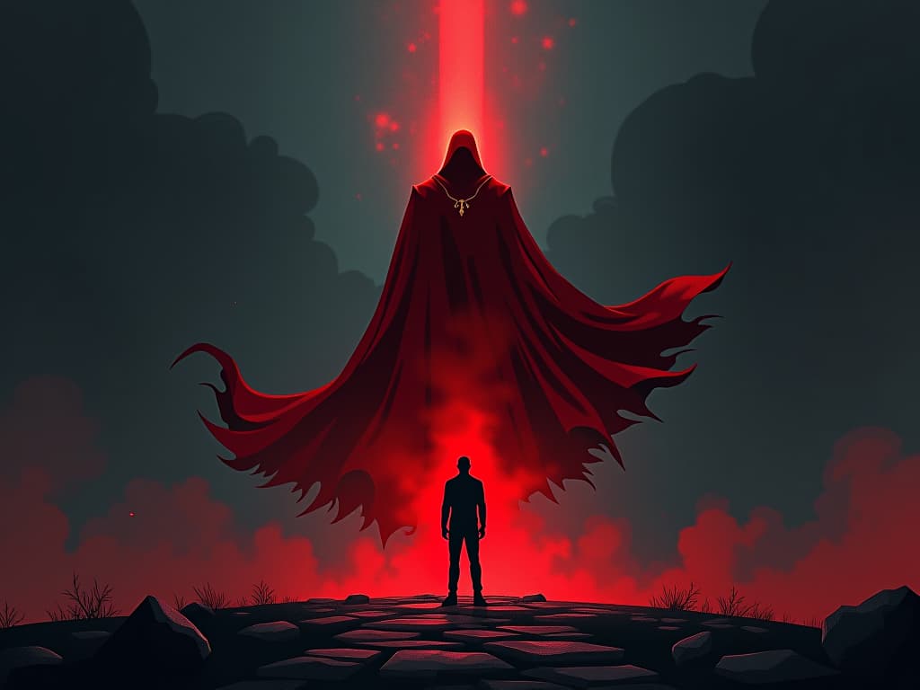  heroic figure in red standing tall, light behind them, despondent colleague in foreground, aura of integrity and inspiration. the style is digital art illustration / modern comic book / graphic dark novel fantasy and mysterious occult, symbolic, moody lighting, esoteric vibe,high detail on character design. for the color scheme emphasize blacks and reds.