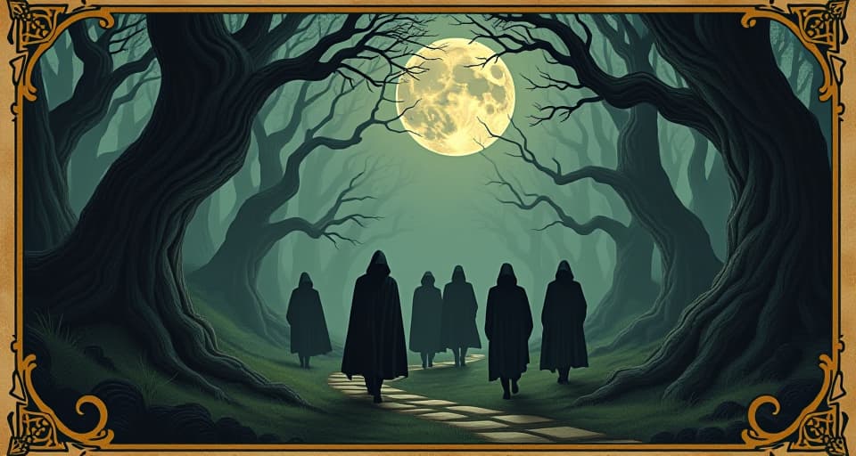  a group of travelers, cloaked in shadowy attire, walk along a winding, moonlit path through a dense, eerie forest, trees twisted and gnarled, faces obscured, mystique, camaraderie. an illustration in the style of a worn, mystical old tarot trump card, mysterious and elements of surrealism. the colors are muted, somber and eerie, but with contrast bring out an occult and esoteric vibe.