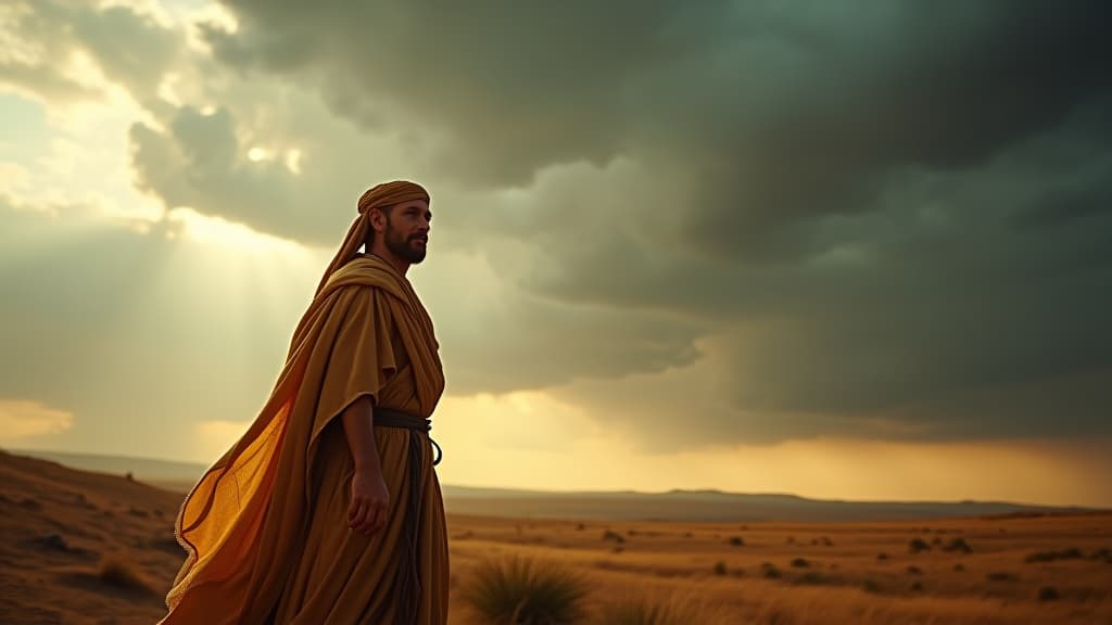  history of biblical times, a stormy sky representing the turmoil of famine and the struggle for sustenance, transitioning to sunny skies as blessings arrive. hyperrealistic, full body, detailed clothing, highly detailed, cinematic lighting, stunningly beautiful, intricate, sharp focus, f/1. 8, 85mm, (centered image composition), (professionally color graded), ((bright soft diffused light)), volumetric fog, trending on instagram, trending on tumblr, HDR 4K, 8K