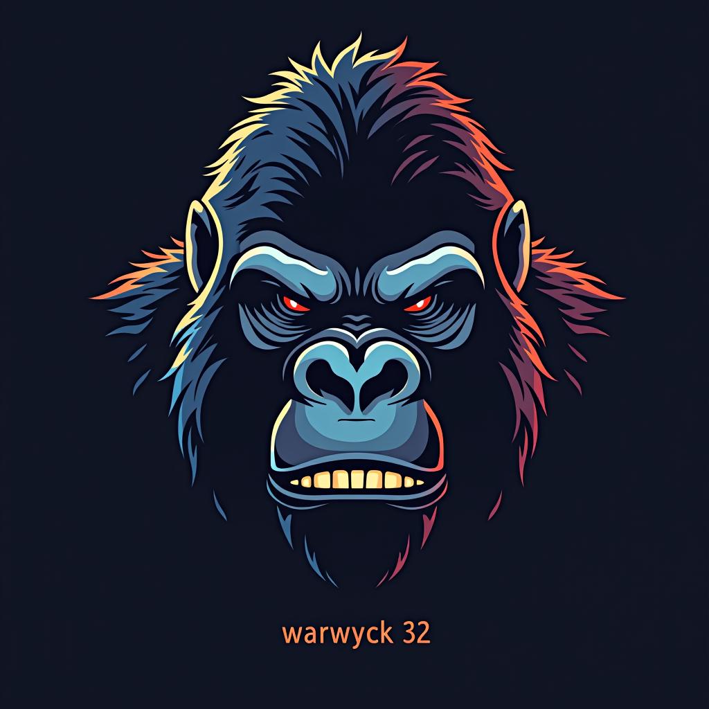  design a logo, in a realism style. electronic gorilla, with the text 'warwyck 32'.