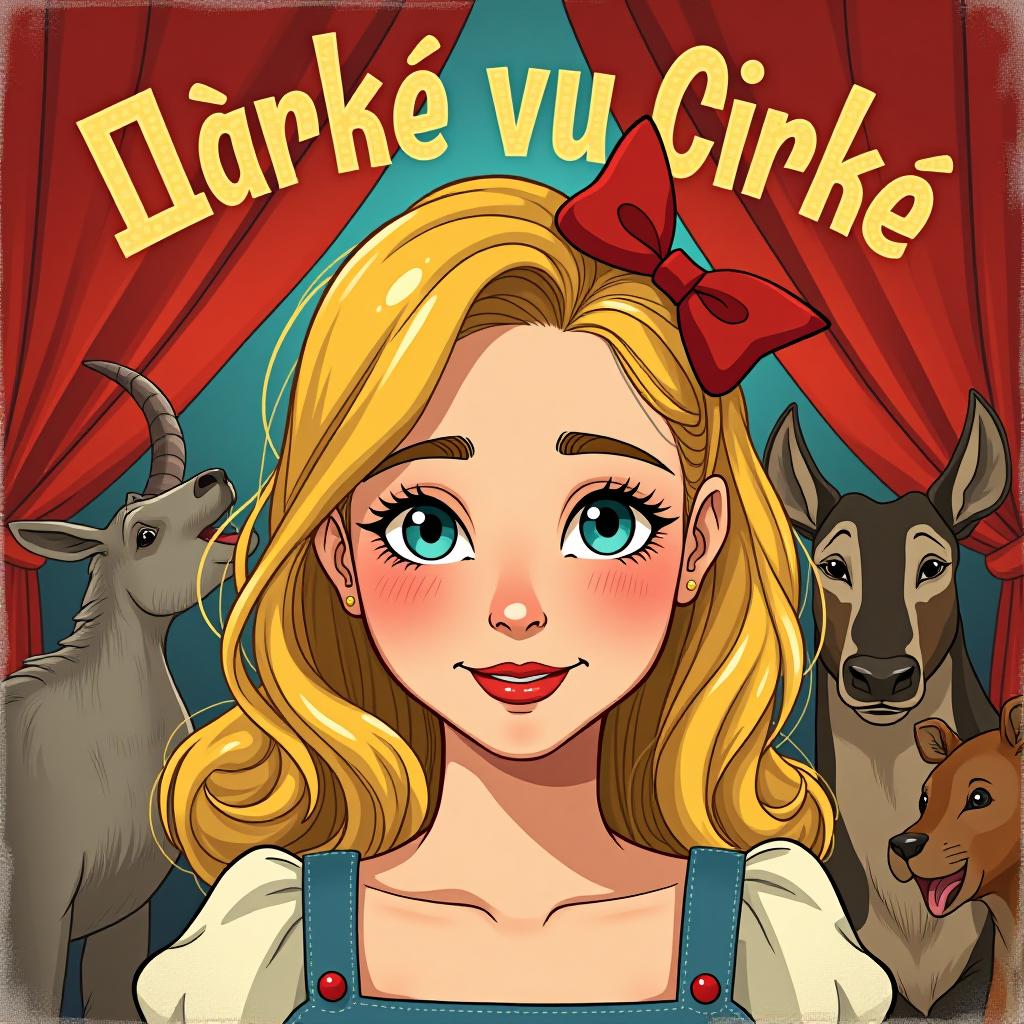  a blonde girl is drawn in a retro circus style, smiling against the background of a circus with animals. above her head, there is an inscription that says "Цирке в цирке" in russian.