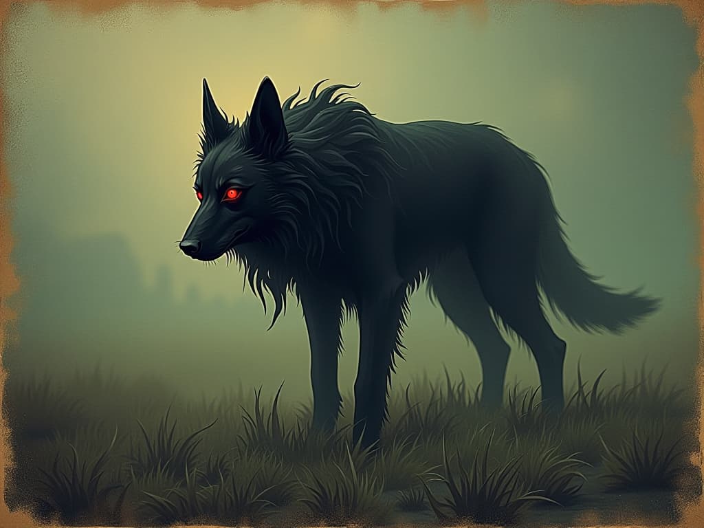  ghostly black hound with glowing red eyes, spectral form, tattered fur, standing in a misty field, eerie, menacing. an illustration in the style of a worn, mystical old tarot trump card, mysterious and elements of surrealism. the colors are muted, somber and eerie, but with contrast bring out an occult and esoteric vibe.