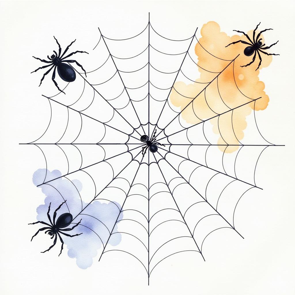  artwork spider web with halloween theme spiders on white background, watercolor techniques, featuring fluid colors, subtle gradients, transparency associated with watercolor art